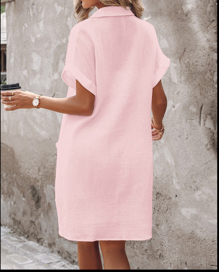 Summer Short Sleeve Shirt Dress Fashion Pink
