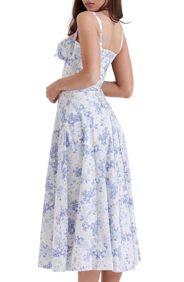 Floral Bustier Midriff Waist Shaper Dress Blue/White