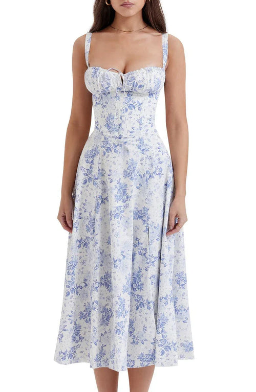Floral Bustier Midriff Waist Shaper Dress Blue/White