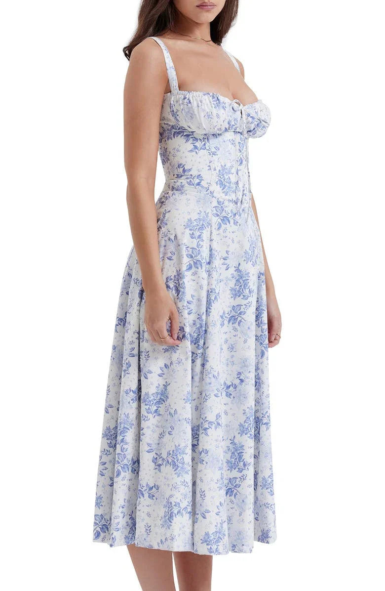 Floral Bustier Midriff Waist Shaper Dress Blue/White