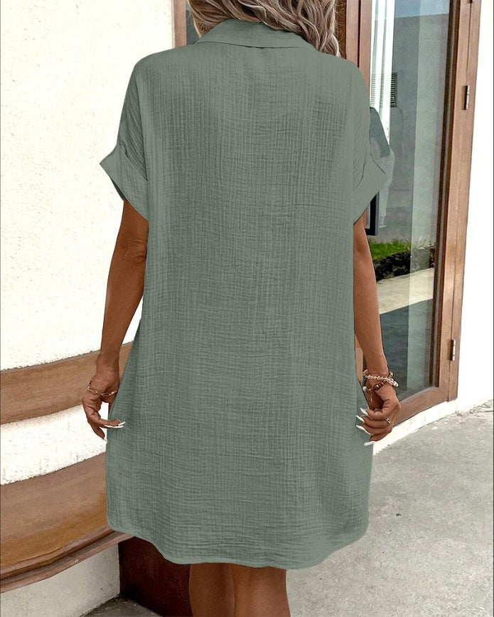 Summer Short Sleeve Shirt Dress Fashion Green