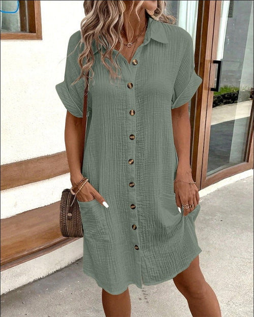 Summer Short Sleeve Shirt Dress Fashion Green