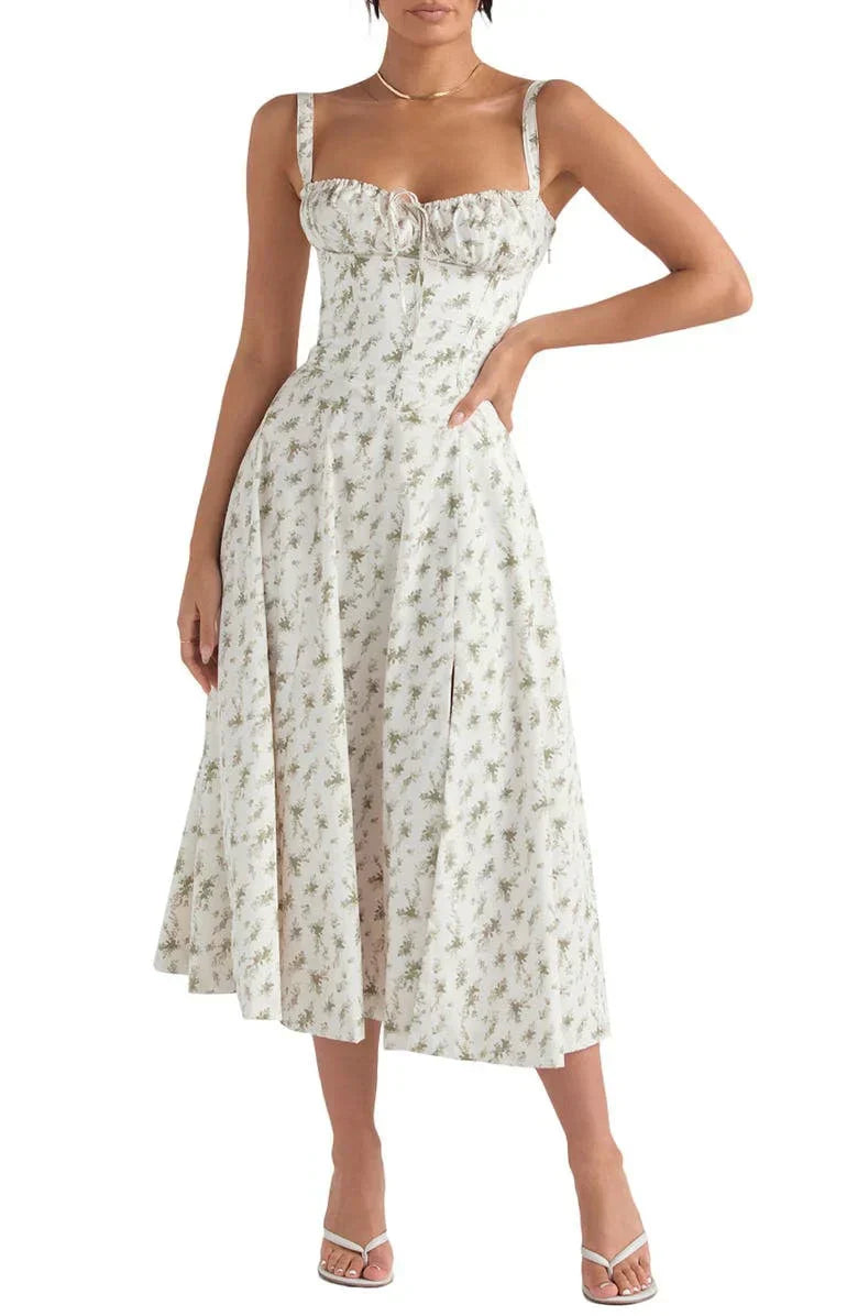Floral Bustier Midriff Waist Shaper Dress Lvory
