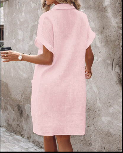 Summer Short Sleeve Shirt Dress Fashion Pink