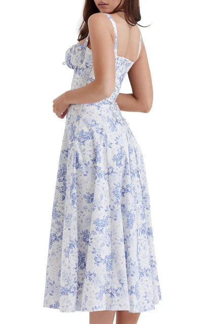 Floral Bustier Midriff Waist Shaper Dress Blue/White